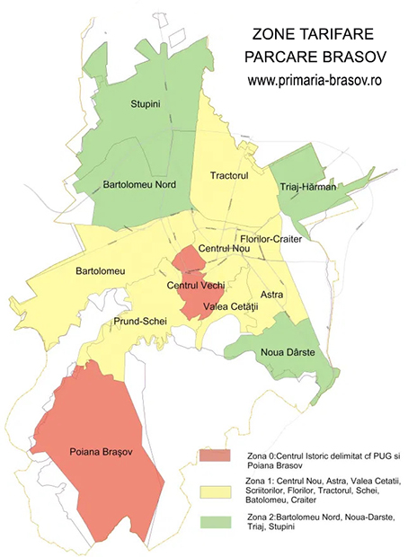 Hartă zone parcare Brașov cu tarife și modalități de plată